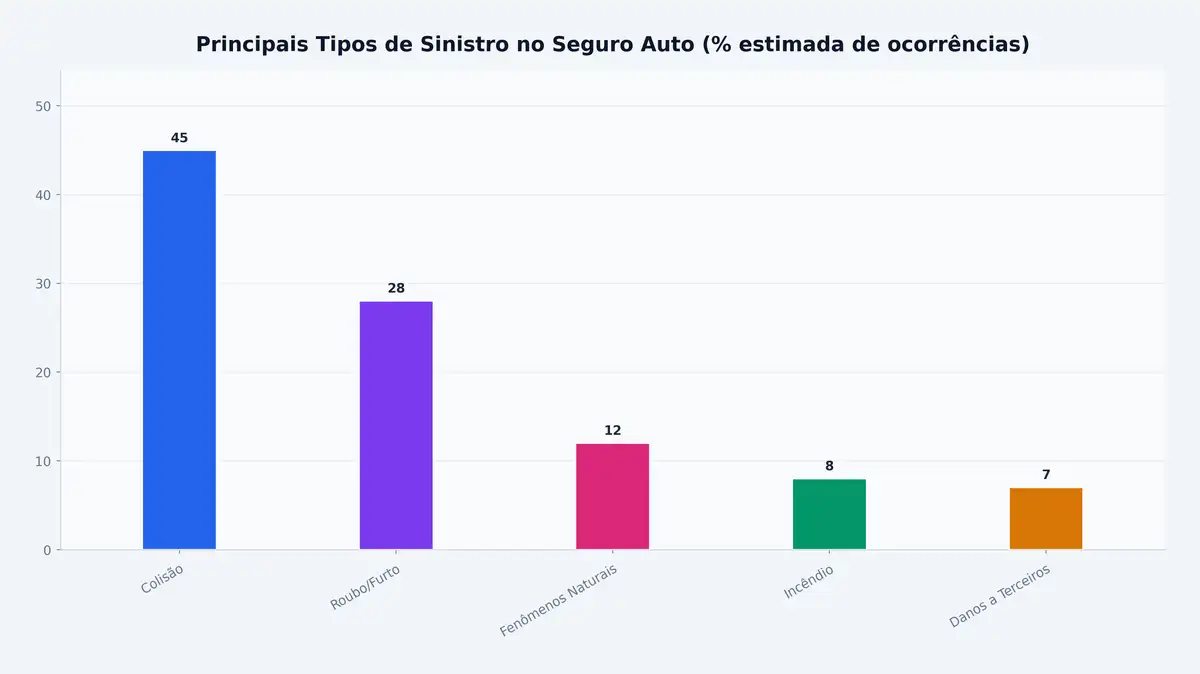 Principais Tipos de Sinistro no Seguro Auto (% estimada de ocorrências)